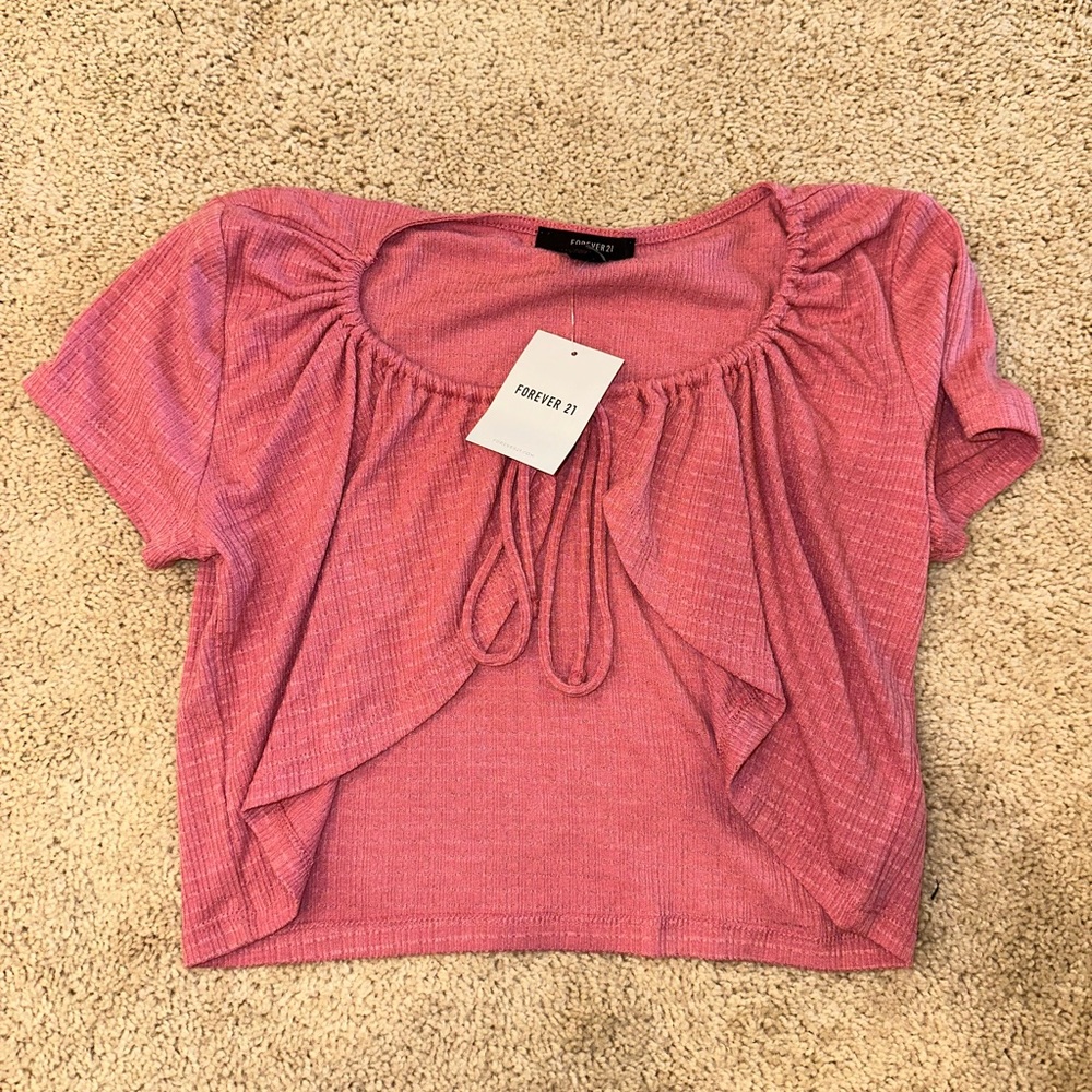 FOREVER 21 Open Front Pink Tie Short Sleeve Crop Top